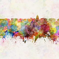 Buy canvas prints of Madison skyline in watercolor background by Pablo Romero