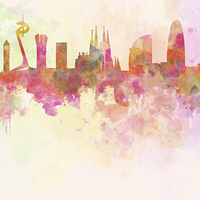 Buy canvas prints of Barcelona skyline in watercolour background  by Pablo Romero
