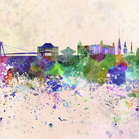 Buy canvas prints of Bratislava skyline in watercolor background by Pablo Romero