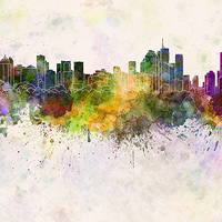 Buy canvas prints of Brisbane skyline in watercolor background by Pablo Romero