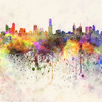 Buy canvas prints of Melbourne skyline in watercolor background by Pablo Romero