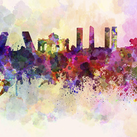 Buy canvas prints of Madrid skyline in watercolor background by Pablo Romero