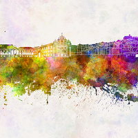 Buy canvas prints of Coimbra skyline in watercolor background by Pablo Romero