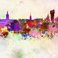 Buy canvas prints of Stockholm skyline in watercolor background by Pablo Romero