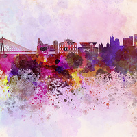 Buy canvas prints of Warsaw skyline in watercolor background by Pablo Romero