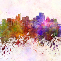 Buy canvas prints of Pittsburgh skyline in watercolor background by Pablo Romero