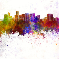 Buy canvas prints of Portland skyline in watercolor background by Pablo Romero