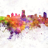 Buy canvas prints of Milwaukee skyline in watercolor background by Pablo Romero