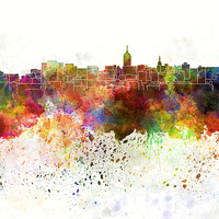Buy canvas prints of Lansing skyline in watercolor background by Pablo Romero