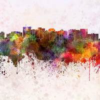 Buy canvas prints of Oakland skyline in watercolor background by Pablo Romero