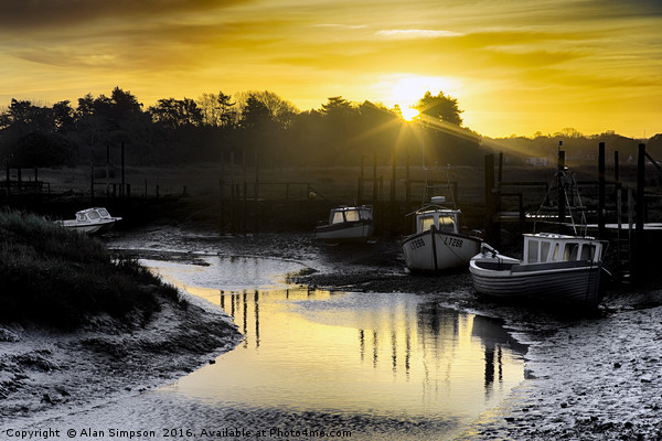 Thornham Harbour Sunrise Picture Board by Alan Simpson