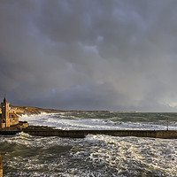 Buy canvas prints of Storm Clouds over Porthleven Pier by Andrew Ray