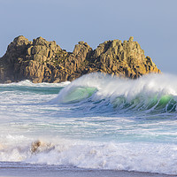 Buy canvas prints of Breaking wave and Logan Rock by Andrew Ray