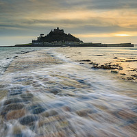 Buy canvas prints of Wave at sunset (St Michael's Mount) by Andrew Ray