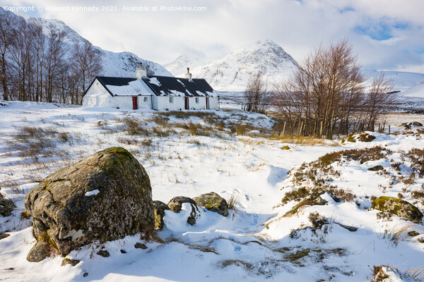 Black Rock Cottage in Glencoe in winter snow Picture Board by Howard Kennedy