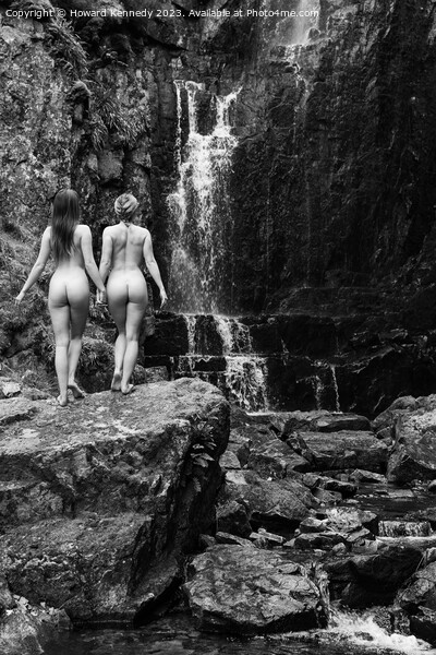 Nude Women Waterfall Duo in Monochrome Picture Board by Howard Kennedy