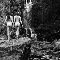 Buy canvas prints of Nude Women Waterfall Duo in Monochrome by Howard Kennedy
