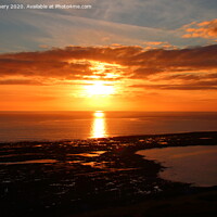 Buy canvas prints of Sky, setting  sun, overlooking the causeway at Rhossilli by Jane Emery