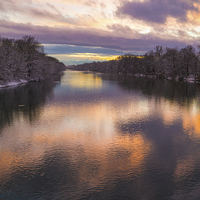 Buy canvas prints of  Snowy Isar sunset by Joseph Pooley