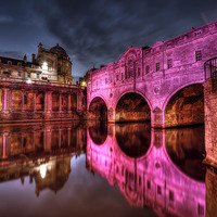 Buy canvas prints of  Pulteney Bridge in pink 2014 by Simon Gerhand