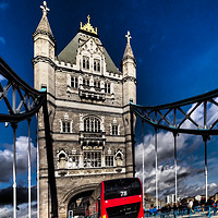Buy canvas prints of London Red bus on Tower bridge. by David Hall