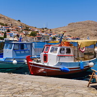 Buy canvas prints of Halki Boats and Chair by Rick Bowden
