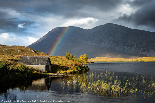 Majestic Rainbow over Arkle and Loch Stack Picture Board by Rick Bowden