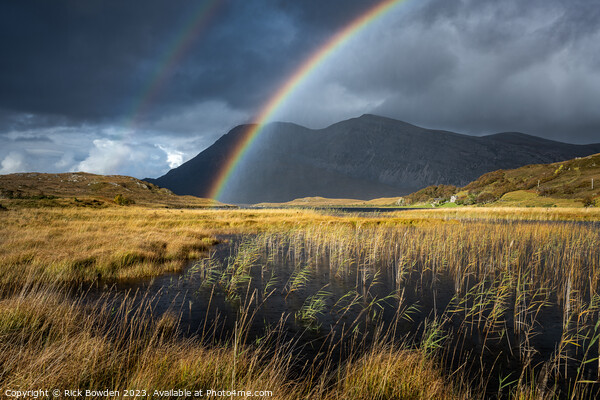 Majestic Rainbow over Scottish Highland Mountains Picture Board by Rick Bowden