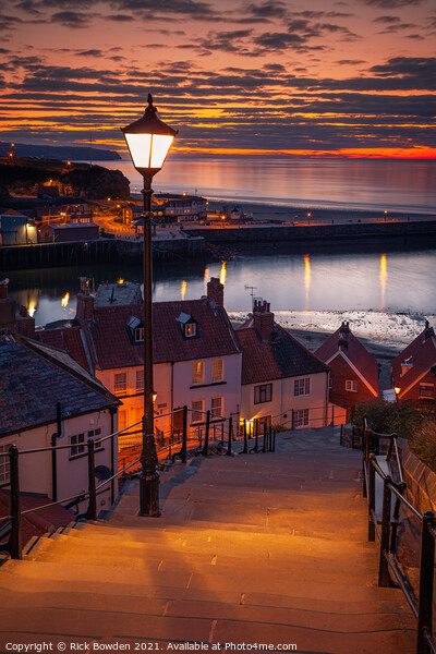 Golden Sunset on Whitby Steps Picture Board by Rick Bowden