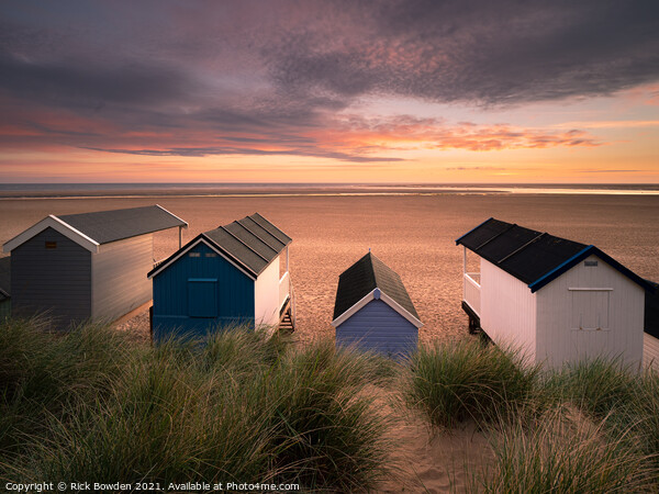 Sunrise at Wells Beach Huts Picture Board by Rick Bowden