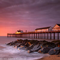 Buy canvas prints of Radiant Sunrise over Southwold Pier by Rick Bowden