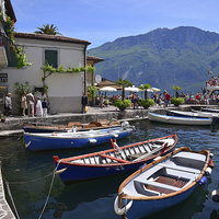 Buy canvas prints of  Port Vecchio in Limone, Lake Garda by Jonathan Evans