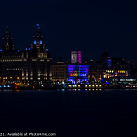 Buy canvas prints of The Liverpool skyline lit up at night by Marcia Reay