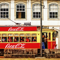 Buy canvas prints of Street Scene With Red Tram - Porto by Mary Machare