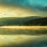 Buy canvas prints of Autumn mist at Ladybower reservoir by Andrew Kearton