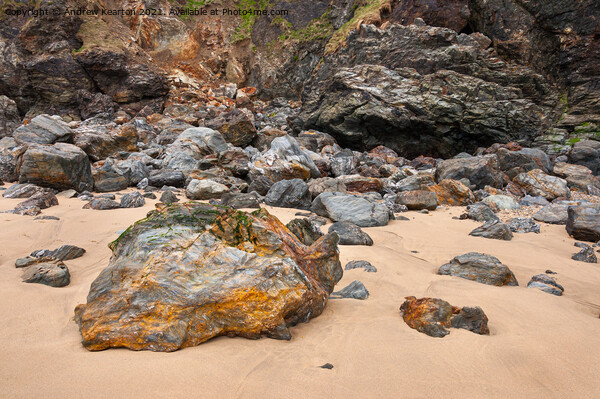 Warm coloured rocks at Perranporth, Cornwall Picture Board by Andrew Kearton