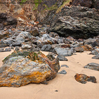 Buy canvas prints of Warm coloured rocks at Perranporth, Cornwall by Andrew Kearton