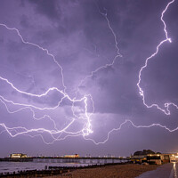 Buy canvas prints of Lightning over Worthing pier  by kevin long