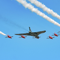 Buy canvas prints of  The Last Goodbye Vulcan and Red Arrows by Neil Vary
