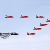 Buy canvas prints of  Red Arrows and Vulcan  by Andrew Baines
