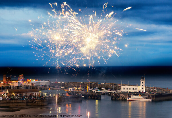 Fireworks over Scarborough harbour Picture Board by Richard Burdon