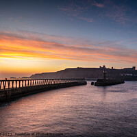 Buy canvas prints of Winter Sunrise Over Whitby Piers by Richard Burdon