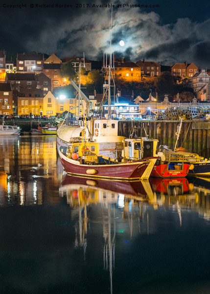 Moonrise Over Whitby Harbour Picture Board by Richard Burdon