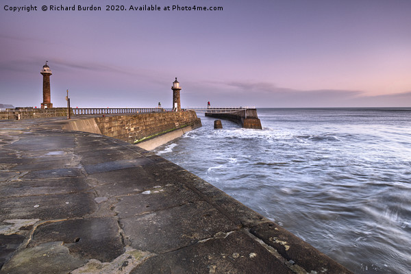 Sunrise Over Whitby East Pier Picture Board by Richard Burdon