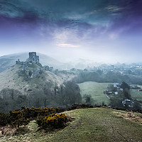 Buy canvas prints of Corfe castle in the mist and fog at sunrise Dorset by Gail Johnson