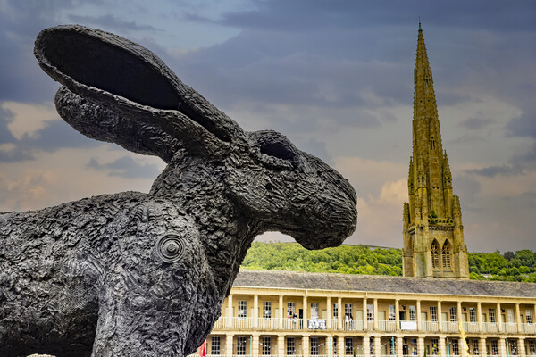 Sophie Ryder Rabbit and Holy Trinity Church Spire Halifax Picture Board by Glen Allen