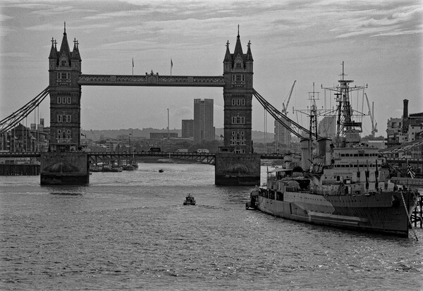 Tower Bridge and HMS Belfast Mono Picture Board by Glen Allen