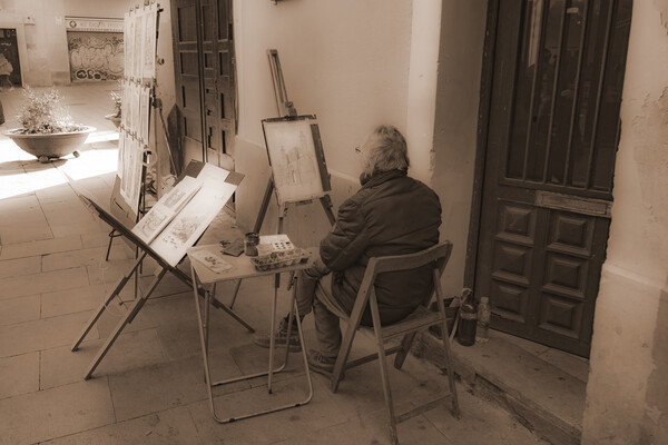 Barcelona Street Artist - Sepia Picture Board by Glen Allen