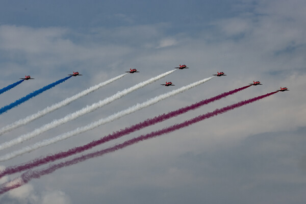 The Iconic Red Arrows Flight Display Team Picture Board by Glen Allen