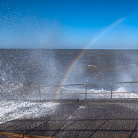 Buy canvas prints of Rainbow in the Spray at high tide at cleethorpes by David Smith